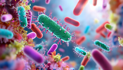 Microscopic view of colorful bacteria and microbes.