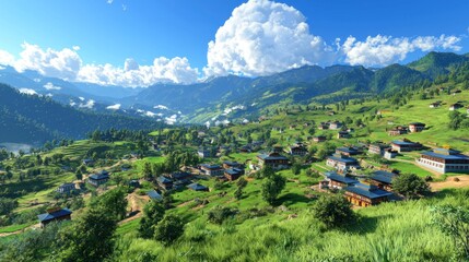 Obraz premium Mountain village nestled in valley, sunlit landscape, serene rural scene