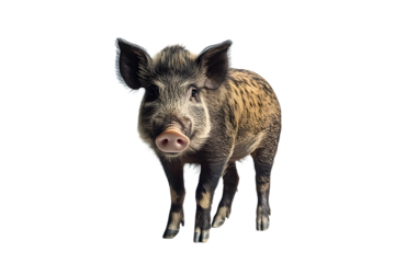 Full body wild boar, positioned center frame on a pristine white background, snout uplifted, eyes focused quietly asserting dominance