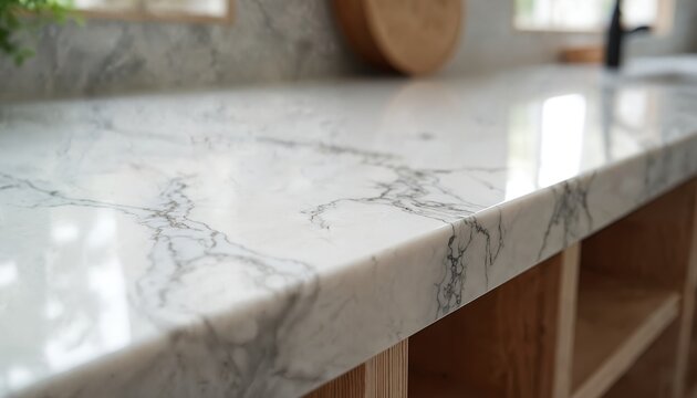 Close up photo of marble countertop in kitchen shows stone surface material beauty. Grey pattern lines. Bricolage interior remodelling, home design and decor, workspace surface feature customization.
