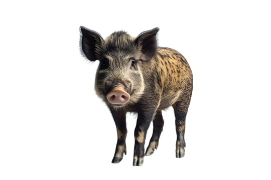 Full body wild boar, positioned center frame on a pristine white background, snout uplifted, eyes focused quietly asserting dominance