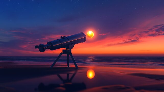 A digital telescope on a sandy beach, capturing a vivid view of Venus glowing brightly against a twilight sky. T