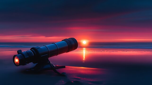 A digital telescope on a sandy beach, capturing a vivid view of Venus glowing brightly against a twilight sky. T