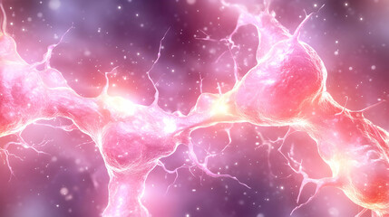 Microscopic view of interconnected neurons, glowing pink and white against a dark background.