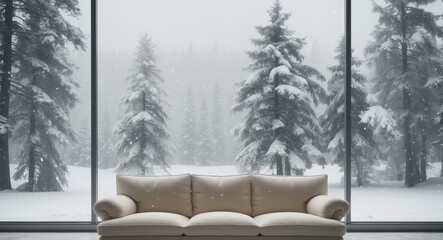 Fototapeta premium Cozy winter scene with a sofa and snowy view