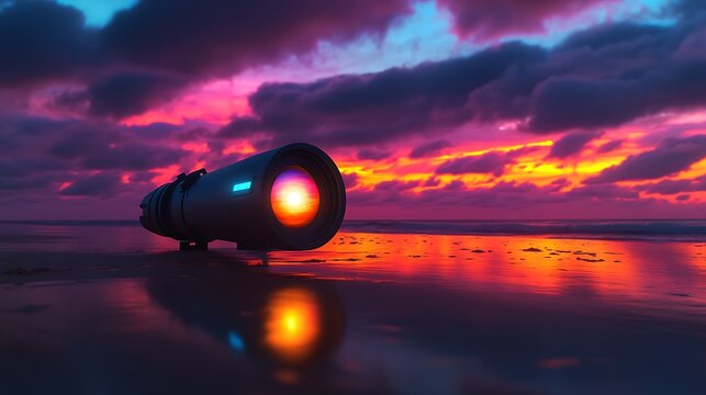 A digital telescope on a sandy beach, capturing a vivid view of Venus glowing brightly against a twilight sky. T