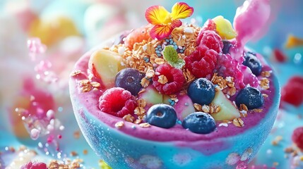 Colorful smoothie bowl topped with fruits and granola