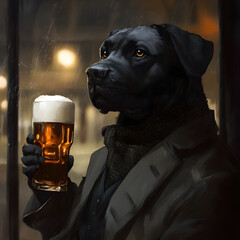 Sophisticated Labrador Dog in Pub Concept: Anthropomorphic Pet Enjoying Beer, Urban Lifestyle, Humor, Relaxation