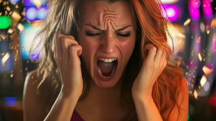 Angry woman screaming blocking ears loud noise.