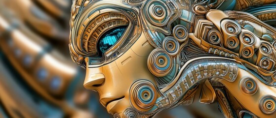 Fototapeta premium Detailed Close-Up of a Futuristic Humanoid Robot With Intricate Circuitry and Glowing Blue Eyes Crafted With Metallic Textures and Patterns
