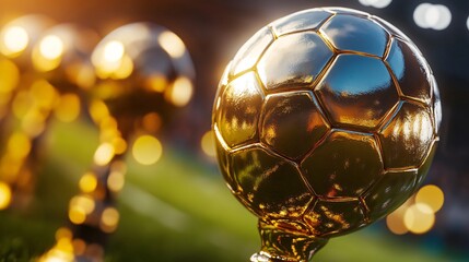 Winning soccer trophy balls at stadium