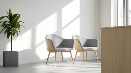 two comfortable chairs in a minimalist modern room setting with plant 