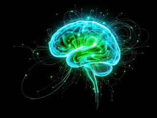 Obraz premium Neon glowing human brain in dark background