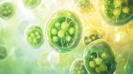 A dynamic and vibrant abstract science background of plant cells, with a focus on their cellular membrane and chloroplasts.
