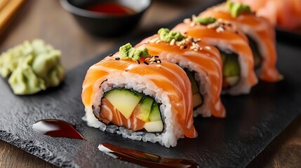 Delicious sushi rolls with salmon and avocado