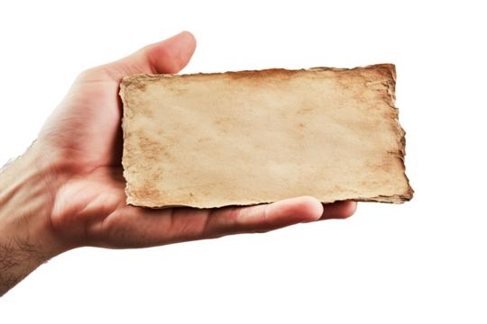 Mano sujetando un papel antiguo sobre fondo transparente