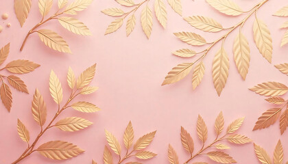 Fototapeta premium Golden leaves and branches on a soft pastel background, exuding elegance and warmth.