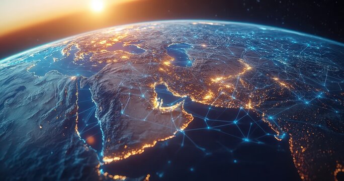 Aerial View of Earth at Night Showing Illuminated Cities and Global Network Connections Over the Middle Eastern Region and Surrounding Areas