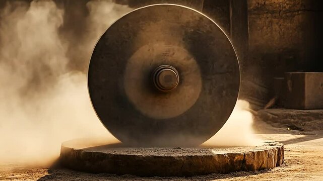 Dusty old stone wheel spinning on a stone base, traditional millstone grinding grain