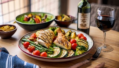 Crispy, golden-roasted chicken pairs with smoky grilled zucchini, bell peppers, and asparagus. A fresh salad with goat cheese and balsamic vinaigrette completes this rustic, vibrant, and savory meal.