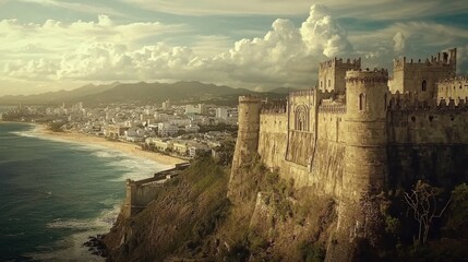Coastal Castle Overlooking City at Sunset