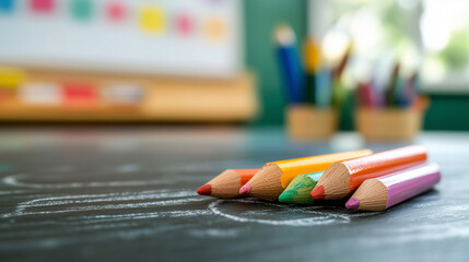 Obraz premium Colorful crayons arranged on a black chalkboard in a classroom setting with educational materials in the background