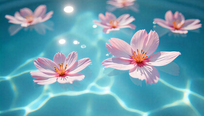 Floating pink flowers in calm water, serene and peaceful scene with delicate petals reflecting light.