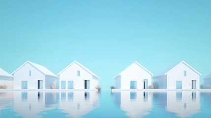 Minimalist white houses reflecting in calm water, blue sky background; real estate