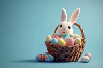 Cute white Easter bunny peeking from a wicker basket filled with vibrant colorful Easter eggs, some scattered on a light blue background. Festive holiday celebration scene.