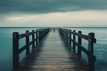 Fototapeta premium Selective focus wooden pier into the sea with foggy view, Dock for fisherman and small boat.