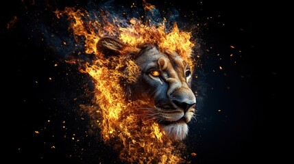 Fiery lion surrounded by flames creating a bold and dynamic image representing power and courage in nature