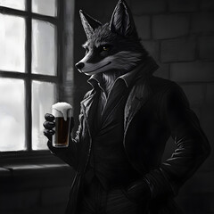 Elegant Noir Fox Gentleman Drinks Beer Concept: Urban Sophistication, Contemplation, Mature Lifestyle. Anthropomorphic Black & White Pub Scene