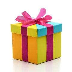 Obraz premium Wrapped present with ribbon, isolated, reflecting. Gift box idea, colorful, for birthdays, holidays