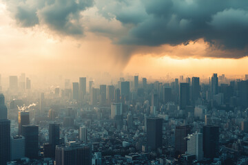 Fototapeta premium Heavy rain in big city, Landscape view of civilization town after natural disaster, Storm in town, Cityscape view with raining cloud.