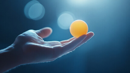 Ping Pong Ball in Hand: A close-up shot features a hand delicately holding a bright yellow ping pong ball, illuminated against a blurred background of soft, ethereal lights.