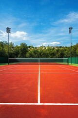 A tennis court with a net and a few trees in the background