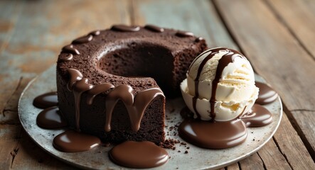 Decadent Chocolate Cake with Vanilla Ice Cream and Chocolate Sauce on Wooden Table.
