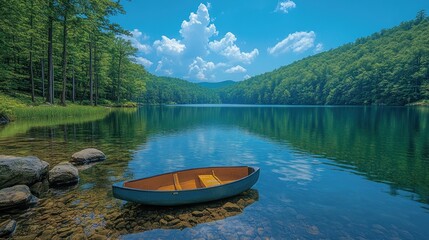Obraz premium Serene lake scene with a small boat