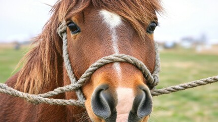 Close Up Brown Horse with Rope Halter in Grassy Field