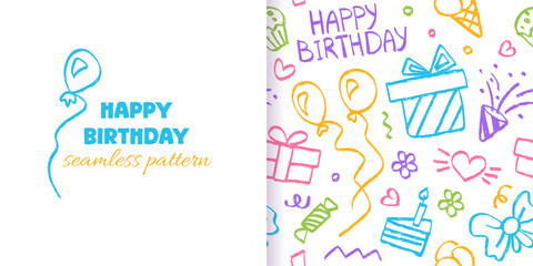 Happy Birthday Crayon seamless pattern with doodle icons, greeting elements on white background. Hand drawn cartoon celebration pattern with cake, gift, flower for wrapping paper. Vector Illustration
