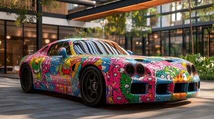 Vibrant colorful car parked in a spacious parking lot surrounded by lush green trees and sunny blue skies