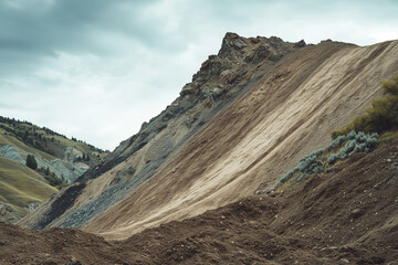 Landscape view of landslide after heavy rain, Aerial view mountain collapse with natural disaster concept.