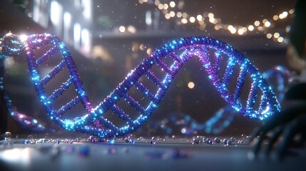 A highly detailed 3D model of a DNA double helix, the individual strands glowing in vibrant blues and purples, with visible nucleotides connected by strong chemical bonds.