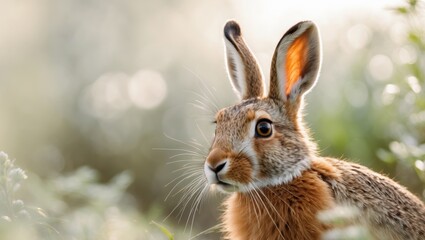 Fototapeta premium Close up view of a curious brown hare in nature.