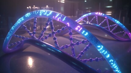 A highly detailed 3D model of a DNA double helix, the individual strands glowing in vibrant blues and purples, with visible nucleotides connected by strong chemical bonds.