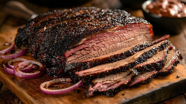 Texas-style smoked brisket on wooden board.