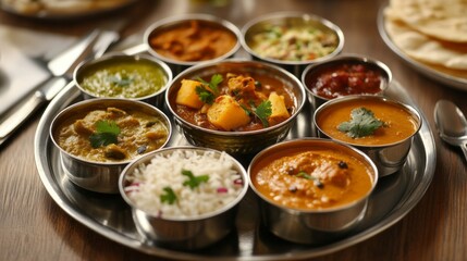 A colorful thali presents an array of Indian delicacies featuring curries, lentils, and rice, garnished with fresh herbs. It invites a feast for all senses