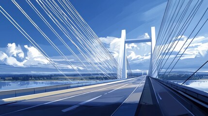 Obraz premium A bridge spans a body of water, with a clear blue sky above