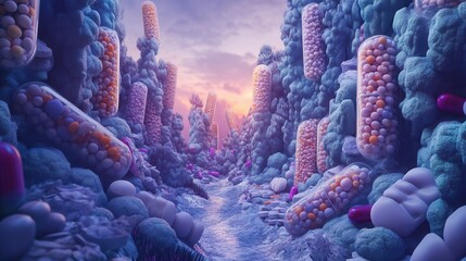 Surreal medical landscape filled with pill structures in a dreamlike setting at sunset Generative AI