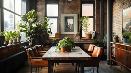 Fototapeta premium dining room with a weathered wooden table, vintage leather chairs, exposed brick walls, and a collection of potted plants on the windowsill 